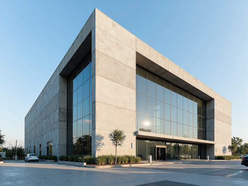 Modern industrial facility exterior with large glass windows, modern architecture, green landscape, demonstrating company scale and strength